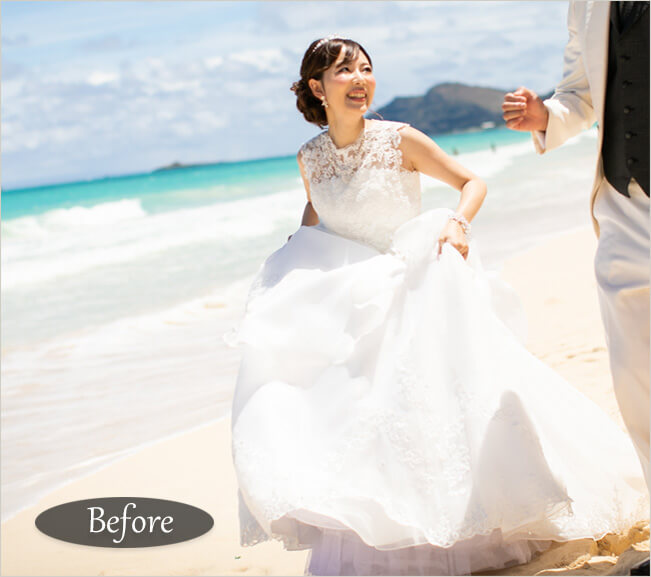 フォトウエディング お顔の影とドレス 補正前